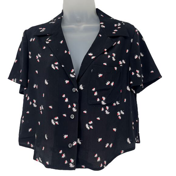 THAKOON Cropped Short Sleeve Shirt Black Daisy Print Button Pocket Small NEW - Picture 2 of 6